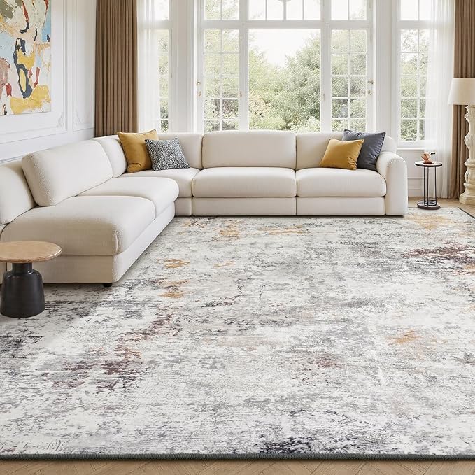 Rugflix 8x10 Area Rugs for Living Room, Washable Beige Grey Large Rug | Machine Washable; Stain-Resistant; Low Pile; Non-Slip; Modern Abstract; Carpet for Bedroom Dining Office Nursery Home