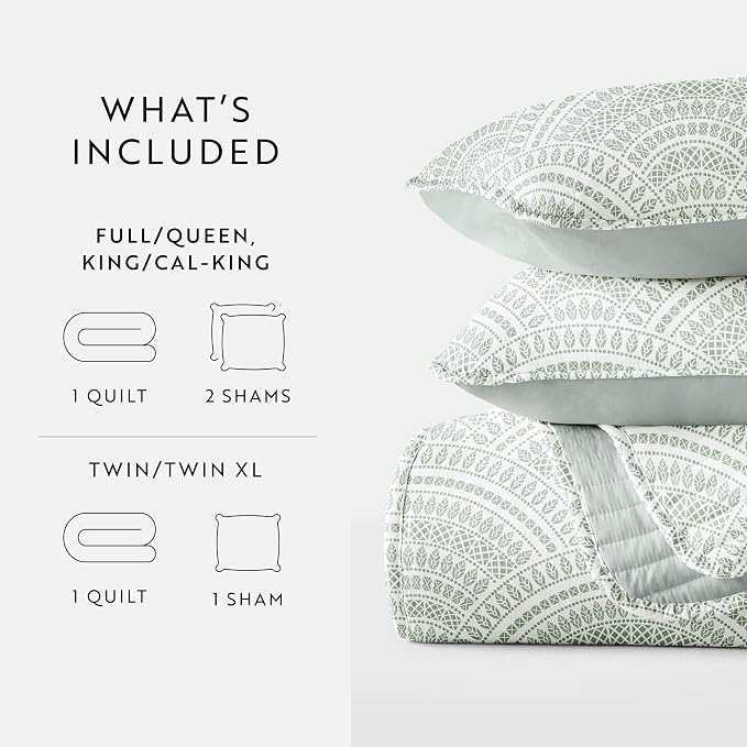 Merit Linens Soft Quilt Coverlet Bedding Set - Pattern/Solid Reversible - Full/Queen Eucalyptus