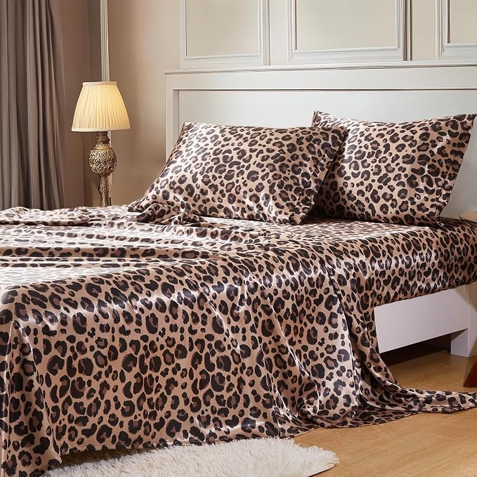MR&HM Satin Sheets Twin Size with Elastic Corner Straps, Brown Leopard | Similar to Silk, 3-Piece Silky Soft Bed Sheet Set, Gentle on Skin and Hair, 15" Deep Pocket, Cooling & Breathable