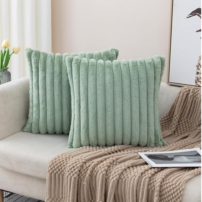 ZLINA Light Green Striped Faux Fur Throw Pillow Covers 26 x26 Inch | 2‑Pack, boho striped pillow covers,velvet back,fuzzy plush cushion covers , for sofa bed livingroom home decor