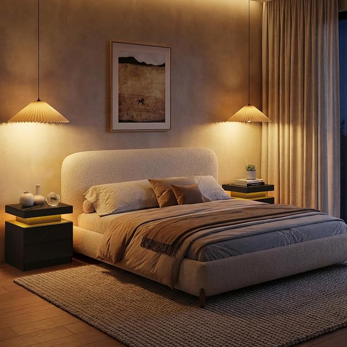 i-aplus LED Nightstand with Wood 2 Drawers Modern Bedside Table for Bedroom | Nightstands with App-Controlled RGB LED Lights, Night Stand with Storgae Drawer, Modern Bedside Table for Bedroom