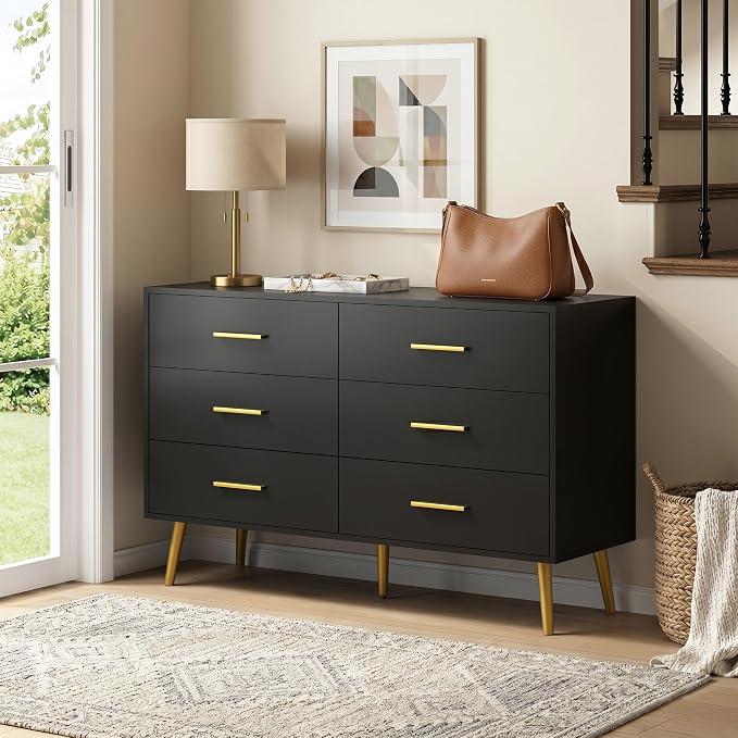 Black 6 Drawer Dresser for Bedroom, 47" Wood Dresser with Gold Handles. | Modern Dressers & Chests of Drawers for Living Room, Hallway, Entryway.