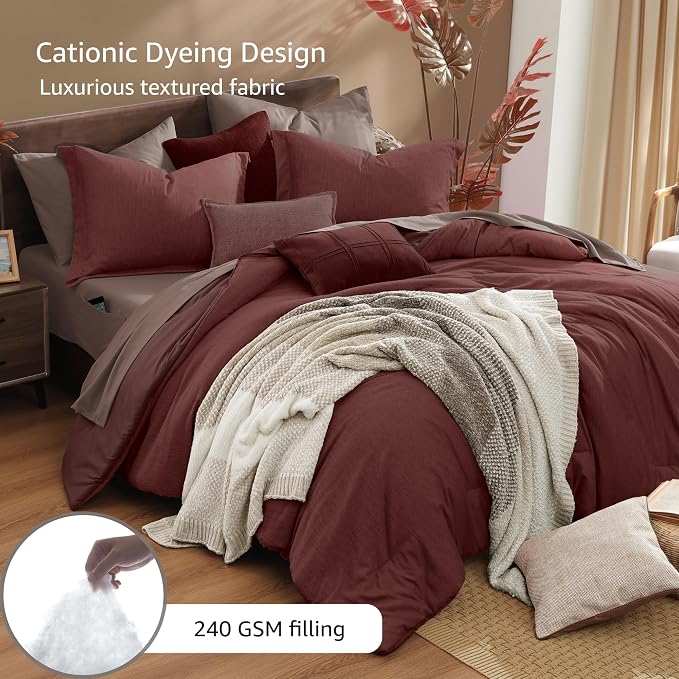 Monbix California King Comforter Set 7 Pieces Dark Red Bed in a Bag | Cationic Dyeing Reversible All Season Bedding Sets with Comforter, Sheets, Pillowcases & Shams
