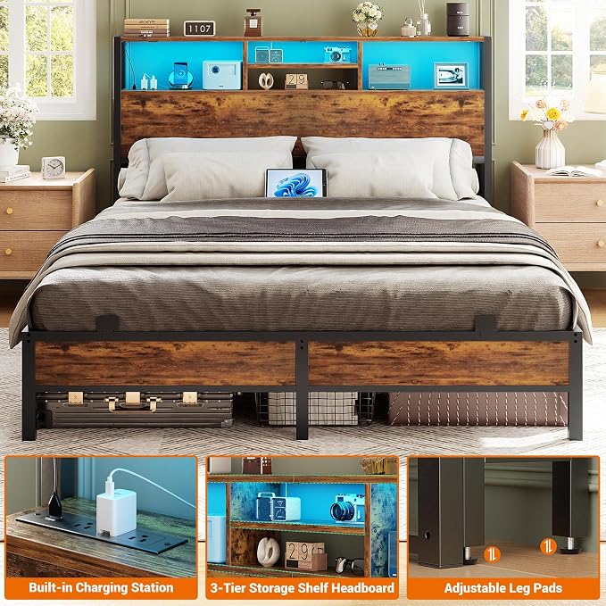 Aheaplus Headboard for Queen Size Bed with Storage, Headboards with Outlets | Queen Size Head Board Only, USB Ports and LED Light, Height Adjustable, Reversible, Sturdy and Stable Headboard, Rustic Brown