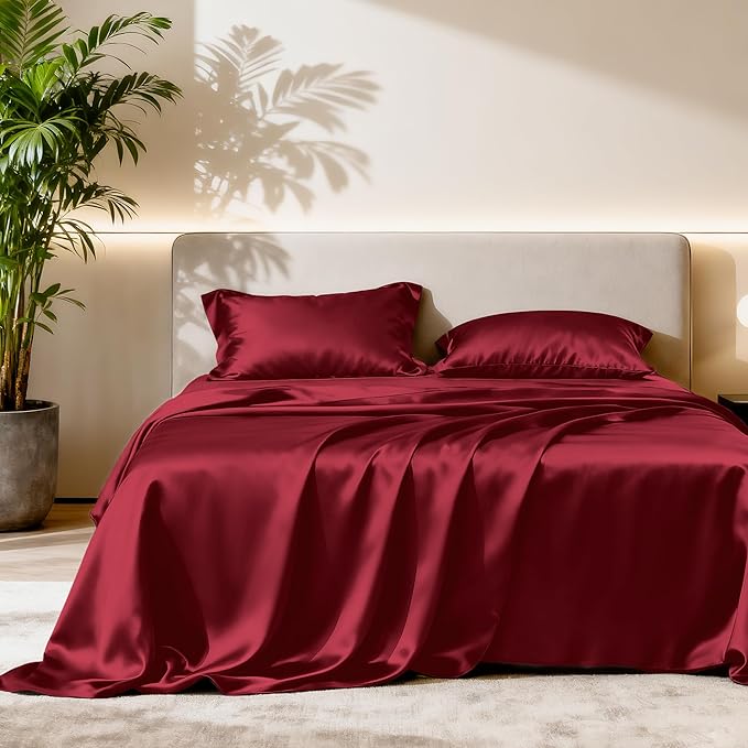 Love's cabin Twin Satin Sheets Sets - 3 Piece Burgundy Silky Bed Sheets with Deep Pockets, Luxury Silk Feel Satin Twin Size Sheet Set Bedding Set (1 Flat Sheet,1 Fitted Sheet,1 Pillow case)