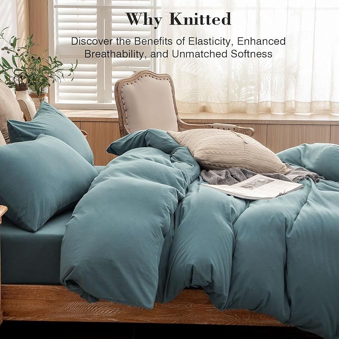 PURE ERA Jersey Knit Sheet Set Solid Cerulean Blue Oversized Queen | 100% Cotton, 3 Piece Set, T Shirt Soft, Breathable, Envelope Closure Pillowcases, Hidden Zipper, 8 Ties, No Insert, Modern