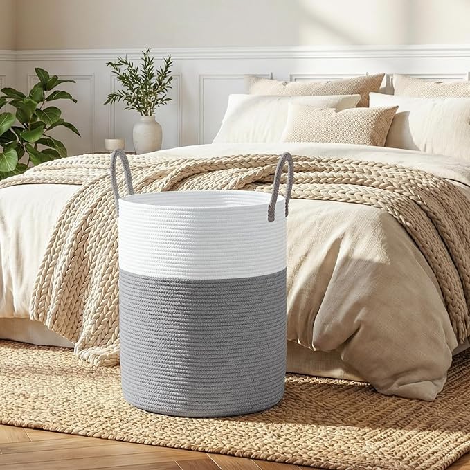 OIAHOMY 60L Nursery Hamper Laundry Basket Laundry Hamper Grey/White | collapsible Blanket Basket Cotton Rope Woven Basket Dirty Clothes Hamper Baby Hamper Tall Clothes Hamper with Handles