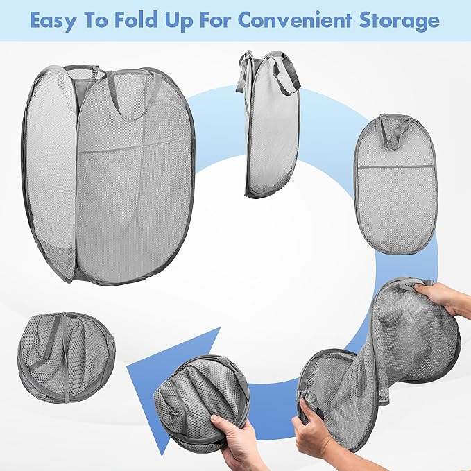 Pop Up Laundry Hamper, 70 L Collapsible Mesh Basket with Side Pocket, Gray | Reinforced handles, breathable fabric, foldable, portable for dorm college travel camping cruise, dirty clothes, toys storage