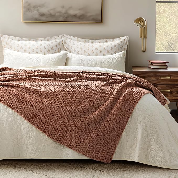 EVERGRACEHOME Chunky Chenille Knit Throw Blanket, 50 x 60, Terracotta Clay | Sculpted Moss Stitch, Chic Modern Farmhouse, All-Season Warmth, OEKO-TEX® Certified, Elegant Blanket for Couch, Bed, Sofa