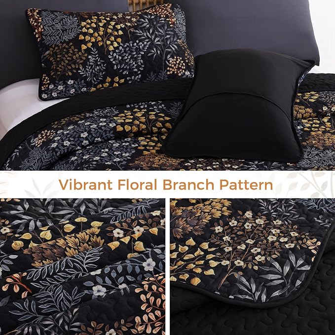 WONGS BEDDINGKing Quilt Set, 3 Pcs Black Brown Floral Bedspread Coverlet | Botanical Print Quilt Set for Spring Summer, Lightweight Microfiber Farmhouse Quilted Bed Cover for Guest Room 110"×90"