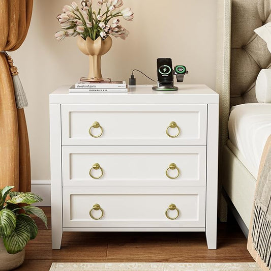 Huuger Night Stand with Charger Station and USB-C Port, 3 Drawer Nightstand | Larger Wider Bedside Table, Modern Side End Table, for Bedroom,Living Room, White Nightstand