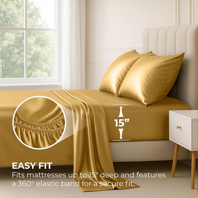 Satin Sheets Full [4-Piece, Gold] Hotel Luxury Silky Bed Sheets - Extra Soft 1800 Microfiber Sheet Set, Wrinkle, Fade, Stain Resistant - Deep Pocket Fitted Sheet, Flat Sheet, Pillow Cases