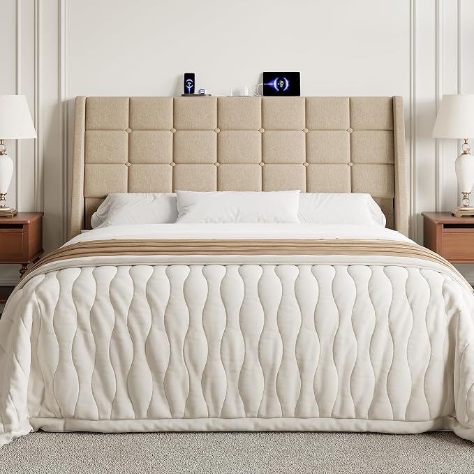 Queen Size Headboard with Charging Station, Wingback Ergonomic Headboards | Wingback Upholstered Bed Head Board with Storage Pocket, Sturdy Stable Solid Wood Headboard, Bed Frame Adapters, Beige