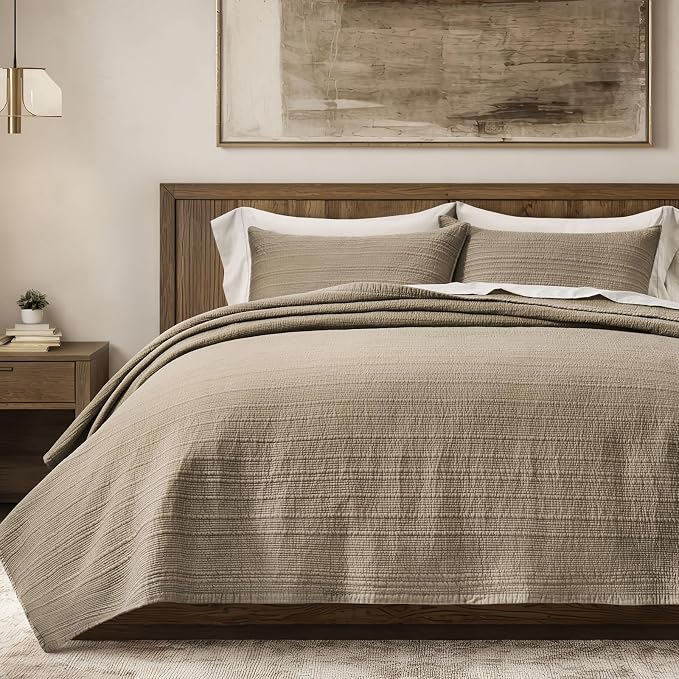 EVERGRACEHOME Cotton Sateen Channel Quilt Set, Queen Size, Stone Taupe | 100% Cotton, Pre-Washed Soft Coverlet Bedspread, 3-Piece Refined Channel Stitch Bedding Set for All Season, 2 Pillow Shams
