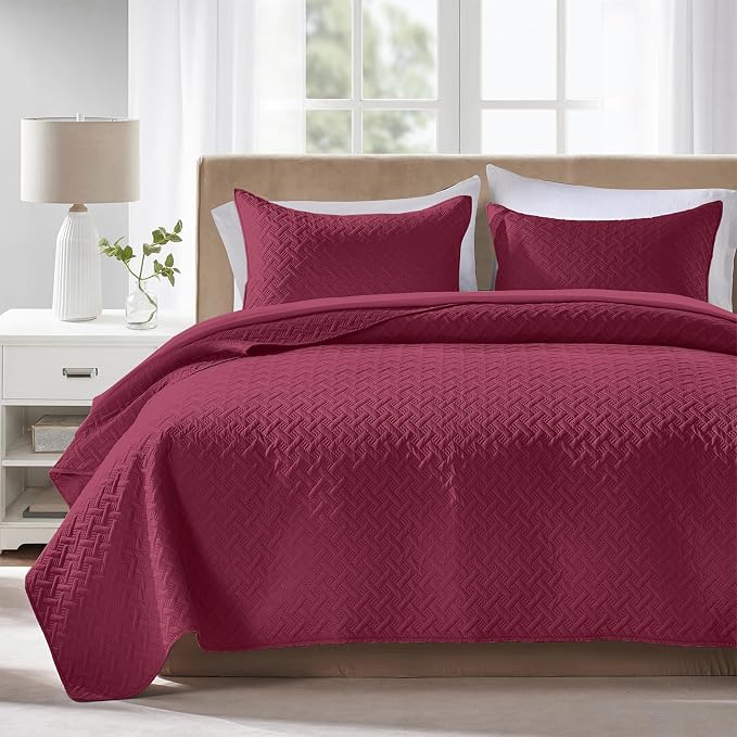 FLYMME Quilts Queen Size,Lightweight Burgundy Bedspreads,Basket Weave Pattern,Ultra Soft Microfiber Bed Coverlet 3 Pieces for All-Seasons (1 Quilt,2 Shams)
