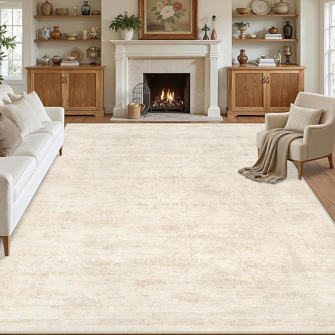10x14 Area Rugs Living Room: Bedroom Washable Carpet Retro Beige | Large Vintage Boho Indoor Decor Neutral Soft Nursery Farmhouse Dining Room Office Floor Non-Slip Low Pile Under Table Rug
