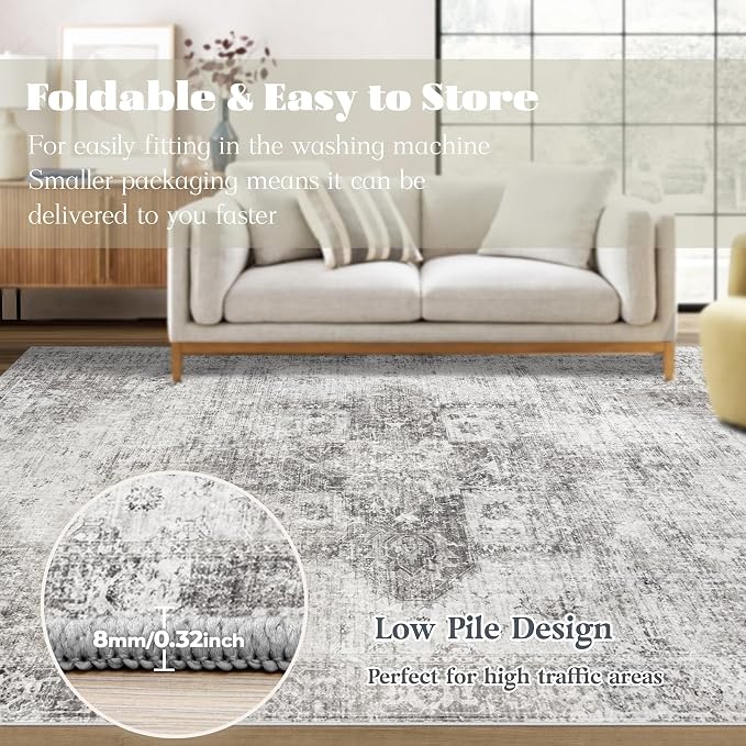 Area Rug 6x9 Washable Rug, Vintage Boho Medallion Rugs Non-Slip Soft Low Pile Large Distressed Rug Indoor Retro Carpet for Living Room Bedroom Dining Room Home Office (Grey, 6'x9')