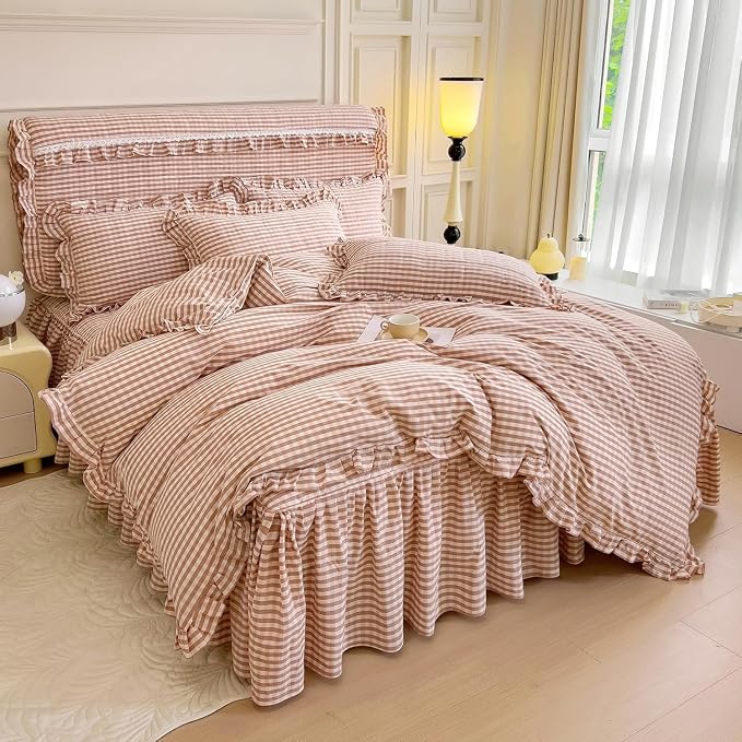 LifeTB Queen Comforter Set Pink Gingham Comforter Vintage Ruffle Blush Plaid Comforter Set 3 Pieces Checkered Grid Bed Comforter with 2 Pillowcases Fluffy Soft Gingham Bedding Set Queen Size