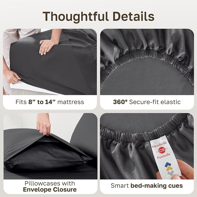 Soft Natural 100% Cotton Sateen Deep Pocket King Sheet Set, Dark Grey | Backed by Good Housekeeping Seal, Light & Breathable For Hot Sleepers, 14" Deep Pocket, All-Around Elastic, Durable