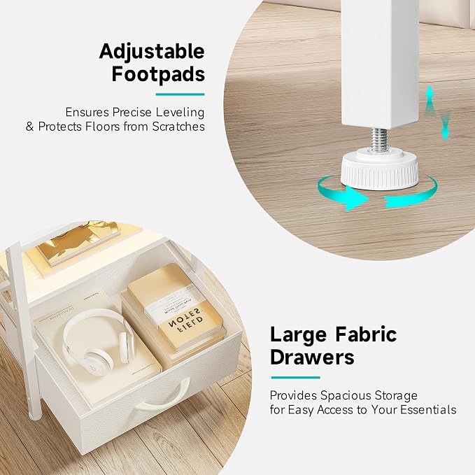 Lazzanto Nightstand with Rear Charging Station, LED Light, 2 Drawers, White | Industrial Nightstand, 2 USB-A Ports & AC Outlets, Raised Back Guard, Fabric Storage Drawers, Bedside Table for Bedroom, Dorm