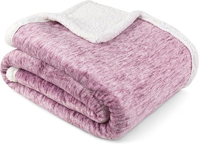 Premium Sherpa Melange Throw Blanket for Couch, Sofa by Pavilia | Soft, Fluffy, Plush, Warm, Cozy | Fuzzy Lightweight Microfiber, Purple Wine Luxury Modern Reversible TV Blanket | 50 x 60 Inches