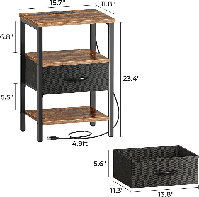 SUPERJARE Nightstand Set of 2 with Charging Station, USB-C Port, End Tables | Night Stand for Bedroom, with Adjustable Fabric Drawer, 3-Tier Storage Bedside Tables for Living Room, Rustic Brown & Black