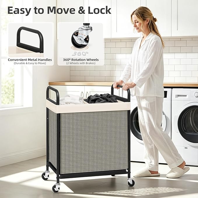 STORAGE MANIAC Rolling Laundry Hamper with Wheels 2-Section Laundry Sorter Rolling Laundrys Basket on Wheels with Removable Bag Clothes Hamper Laundrys Organizer Cart Bathroom Bedroom 100L Beige