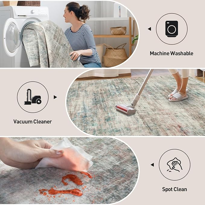4x6 Area Rugs for Living Room: Washable Abstract Multi Color Badroom Carpet | Non-slip TPE backing makes this washable soft low-pile rug safe & durable, Pet-friendly decor for dining room,nursery,office