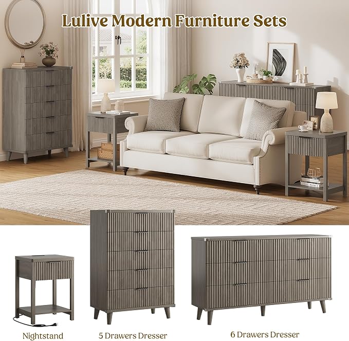 Night Stand Set 1, Fluted Wood Bedside Table w/Socket Station for Bedroom | Dark Grey, Storage Drawer, Open Shelf, Metal Silent Rails, Round Corners, Modern Fluted Panel, Living Room, Bedside Table