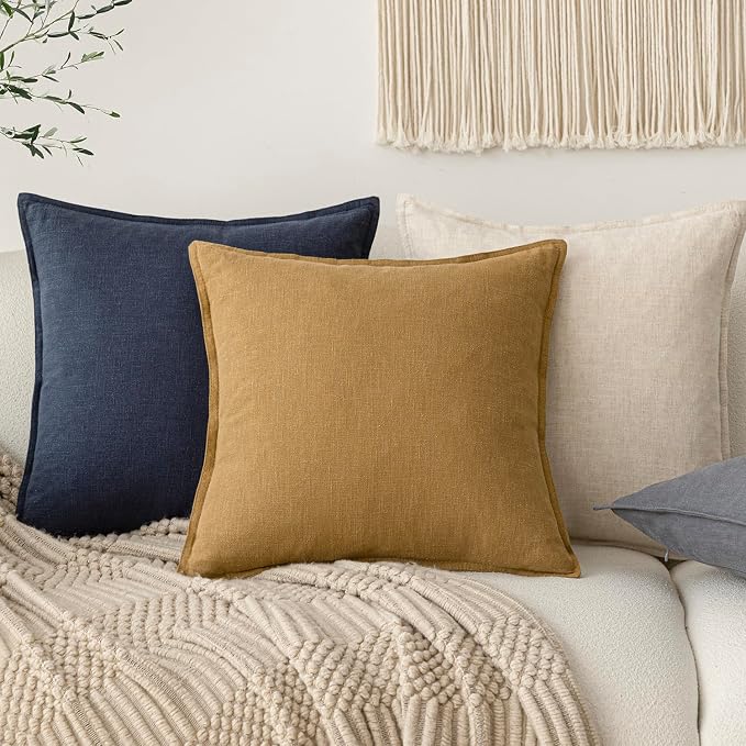Foindtower Linen Solid Decorative Throw Pillow Covers 24x24 Honey Mustard | Boho Farmhouse Morden Pillowcase,Pack of 2 Soft Accent Cushion Covers,Rustic Home Decor for Chair Couch Bedroom Living Room