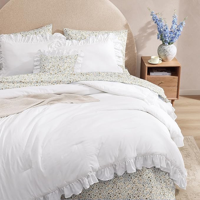 Full Size Comforter Sets-7 Pieces Ruffle Bedding Floral Sheet | White Bed in a Bag, Soft Lightweight All Season Farmhouse Full Size Bedding Sets with Floral Sheets, Pillowcases & Shams