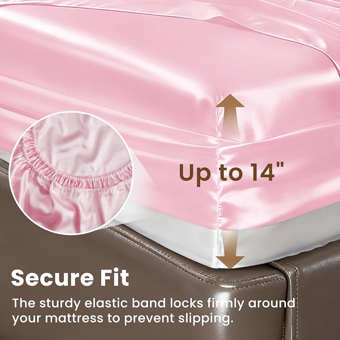 Love's cabin Full Size Satin Sheet Sets - 4 Piece Pink Silky Sheet Set Full with Deep Pocket, Luxury Silk Feel Bed Sheets Full Bedding Set (1 Flat Sheet,1 Fitted Sheet,2 Pillow Cases)