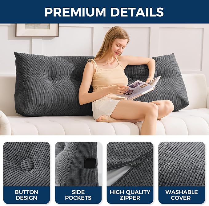 Headboard Pillow Queen, Wedge Pillow Headboard, Black | Triangle Backrest for Headboard, Bed Pillow for Sitting Up Reading Working, Removable Cover, Side Pockets, for Bed Dorm Sofa