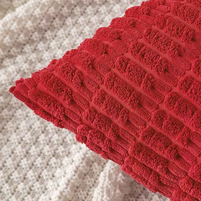 MIULEE Corduroy Decorative Throw Pillow Covers 18x18 Red Pack of 2 | Soft Boho Striped Pillow Covers Modern Farmhouse Home Decor For Sofa Living Room Couch Bed