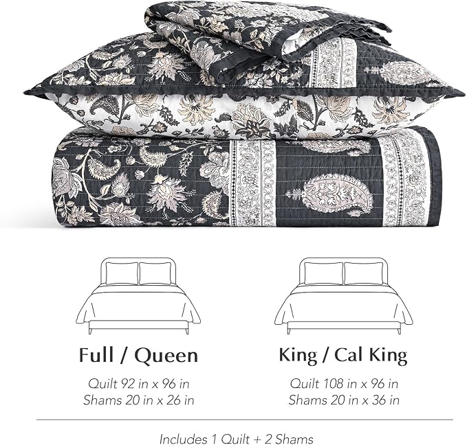 100% Cotton Floral Quilt Set, Queen Size, Dark Charcoal 92"×96" | Reversible Lightweight Bedspread Coverlet, Vintage Floral Farmhouse Bedding, Traditional Botanical Quilt with 2 Pillow Shams