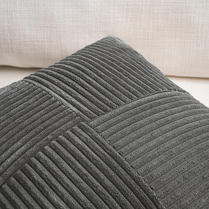 Fancy Homi 2 Packs Dark Gray Lumbar Decorative Throw Pillow Covers 12x20 Inch for Living Room Couch Bed Sofa, Farmhouse Home Decor, Soft Striped Corduroy Rectangle Accent Cushion Case 30x50 cm