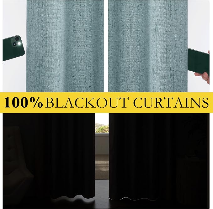 NICETOWN 100% Absolutely Blackout Linen Curtains with Thermal Insulated White Liner, Skylark Blue, 42" Wide, 63" Length Energy Saving Curtains for Small Window 2 Panels Set, Vertical Blinds