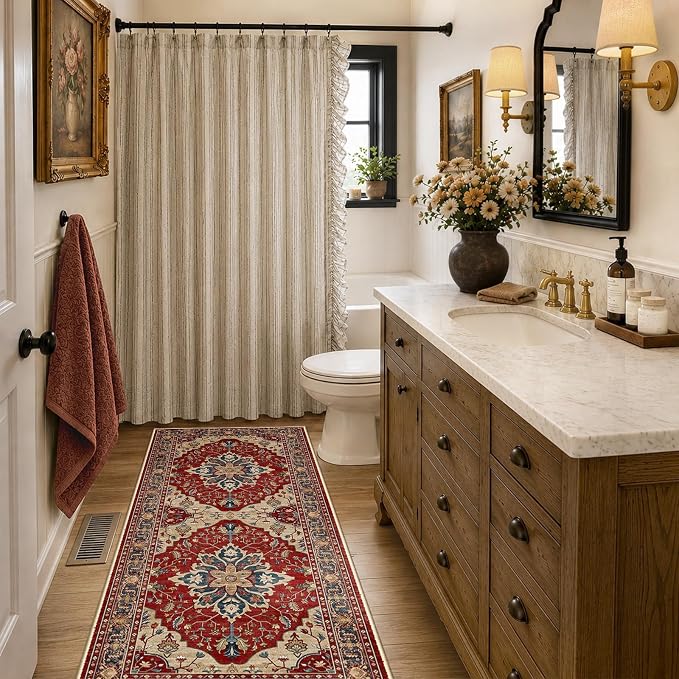 RELEANY Washable Area Rug, Runner 2'x6', Red/Blue | Non-Slip, Water Repellent, Pet Friendly, Easy to Clean, Vintage Floral Boho Decor for Kitchen Entry Bedroom Bedside Laundry