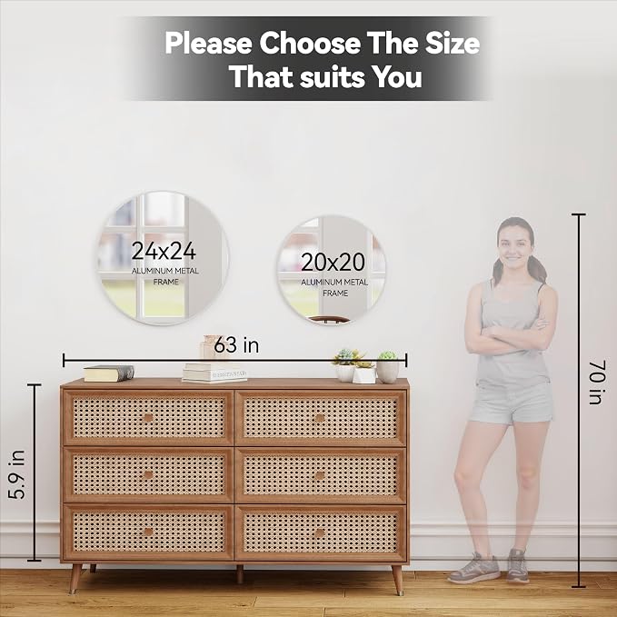 SCWF-GZ 24" Round Mirror Circle Wall Mounted Hanging/Against Wall Silver | HD Crystal Clear No distortion Tempered Glass,Aluminum Frame,Make-Up Mirrors for Bedroom,Entryway,Bathroom,Living Room