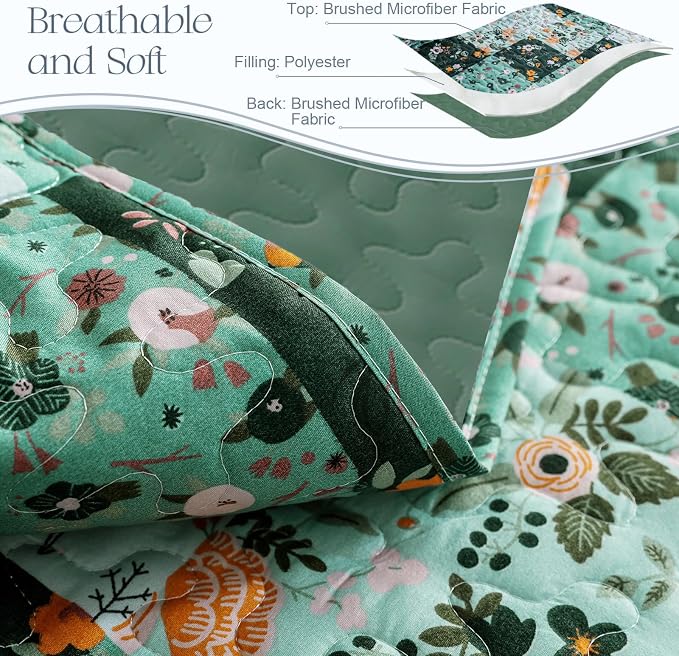 Exclusivo Mezcla Reversible Boho Quilts Queen Size Green | Lightweight Soft Bedspreads, All Season Patchwork Coverlet Bedding Set, Printed Floral Pattern, 1 Quilt and 2 Pillow Shams