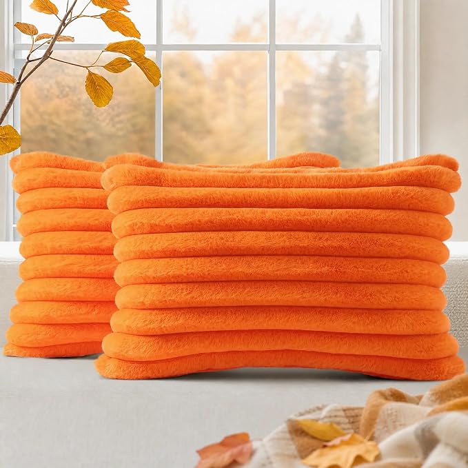 decorUhome Fall Faux Fur Throw Pillow Covers 12x20 Set of 2 Orange | Decorative Soft Cozy Striped Plush Modern Farmhouse Boho Couch Pillow Cases Velvet Back for Sofa Bed Living Room Home Decor