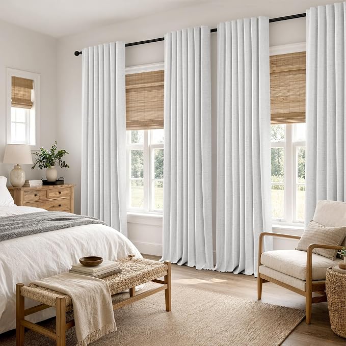 MIULEE 100% Blackout Linen Curtains 42 x 84 Inch Heathered White 2 Panels | Thermal Insulated, Room Darkening Drapes for Bedroom Living Room, Back Tab Rod Pocket Pinch Pleated, Solid Luxury Decor
