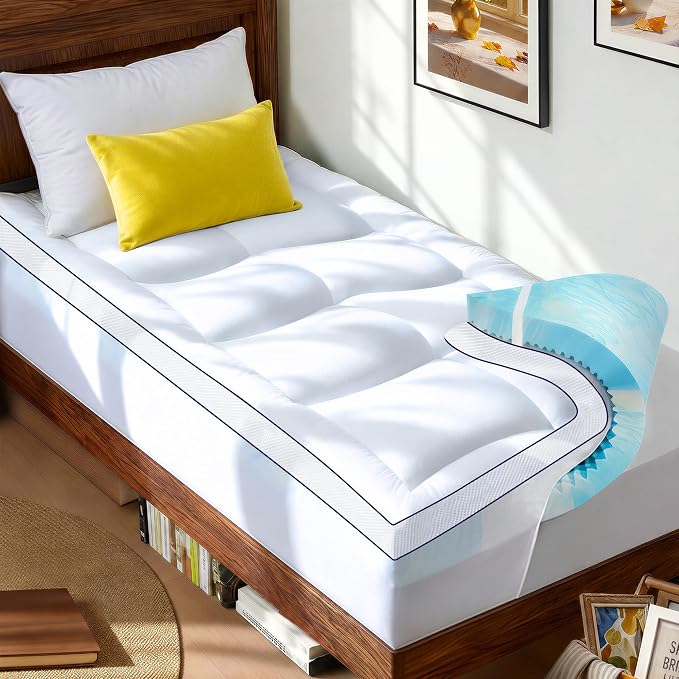 Dorm Room Essentials Dual Layer 4 Inch Memory Foam Mattress Topper Twin XL, 2 Inch Cooling Gel Memory Foam and 2 Inch Soft Pillow Top Mattress Pad Cover Back to School
