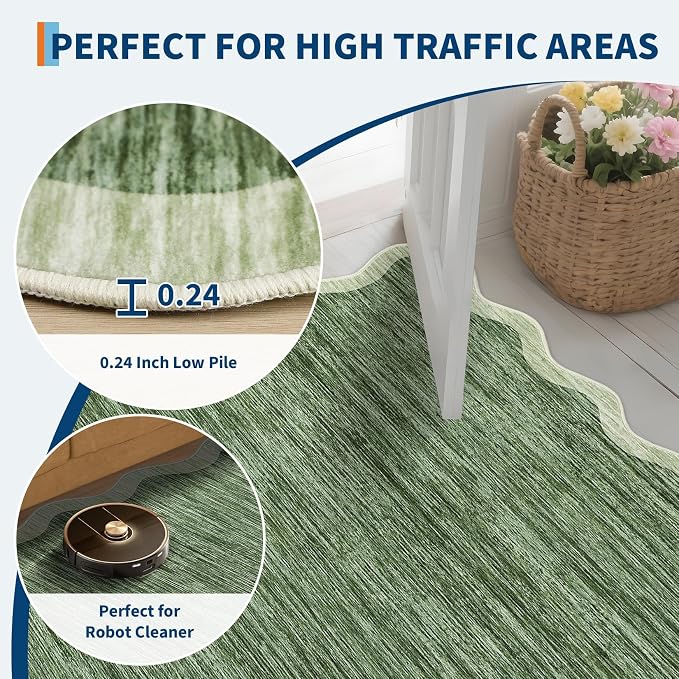 GarveeHome Scalloped Area Rug 4x6 - Washable Non-Slip Entryway Rug, Green | Abstract Green Boho Bordered Farmhouse Living Room Rug Soft Throw Rugs for Entrance Hallway Bedroom Kitchen Nursery