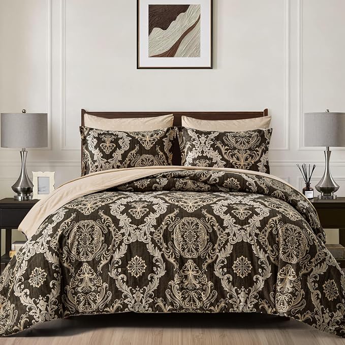 WONGS BEDDING 7 Pieces Comforter Set Queen Size,Damask Texture Design Bed in a Bag Bedding Sets,Brown Soft Lightweight Microfiber Bedding Set for All Season