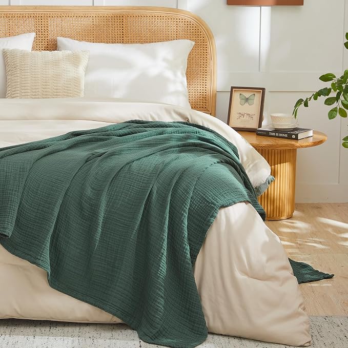 EMME Muslin Blankets for Adults Throw Blanket for Couch Breathable Gauze Soft Lightweight Airy Forest Green Throw XL 50" x 71"