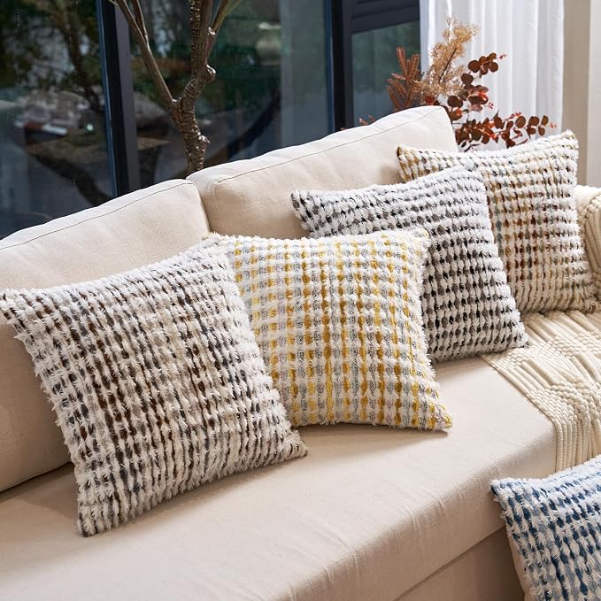 Aeckself Boho Chenille Tufted Pillow Cover 18 x 18 Inch, Decorative Square Throw Pillow Cover Neutral Pillowcase for Couch Bedroom Living Room, Brown White