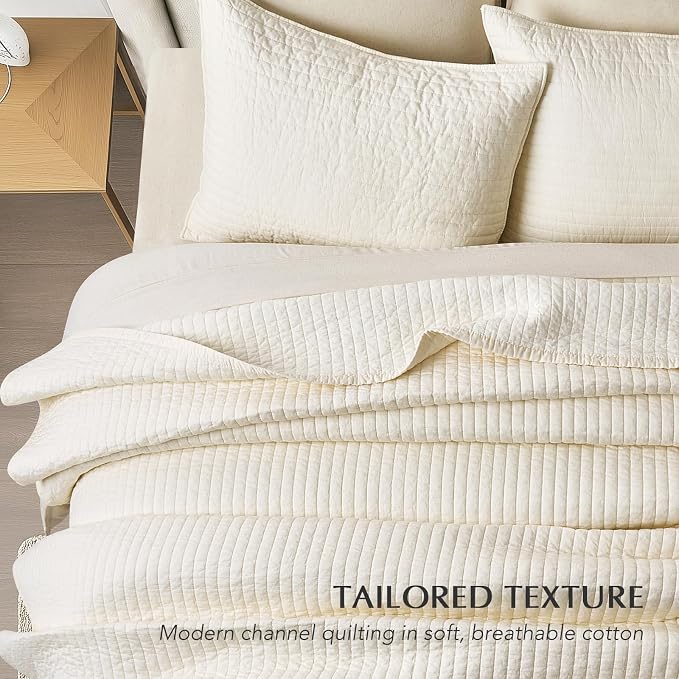 EVERGRACEHOME Cotton Sateen Quilt Set, King Size, Cream | 100% Cotton, Channel Stitch Coverlet Bedspread, Pre-Washed Lightweight Soft Bedding Set for All Season, 3 Piece, with 2 Shams