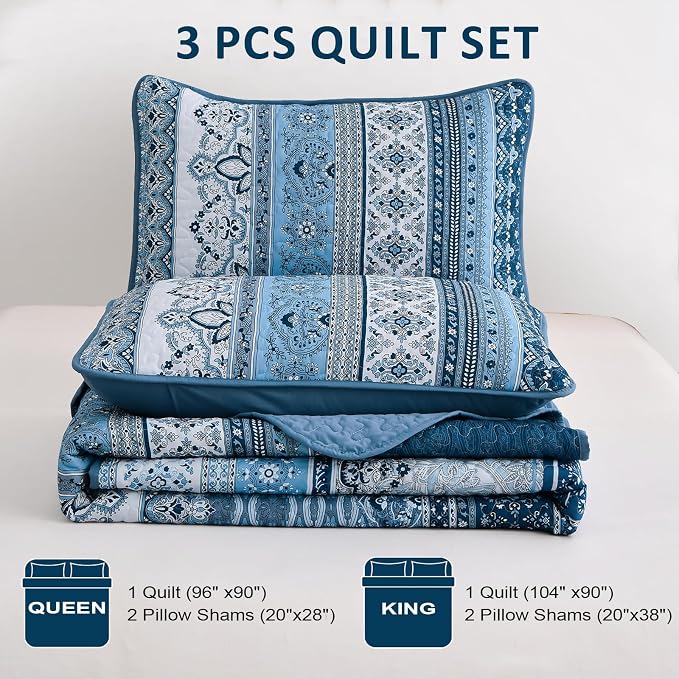WONGS BEDDING Blue Quilt Queen Size,3 Pcs Bedspread Bedding Set | Colorful Bohemian Striped Printed Bedding for All Season, Lightweight Microfiber Coverlet Set with 2 Pillowcases( 96"x90" )
