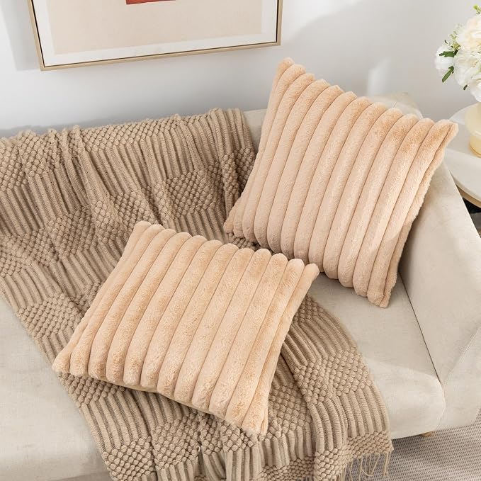 ZLINA Apricot Striped Faux Fur Throw Pillow Covers 18 x 18 Inch | 2‑Pack, boho striped pillow covers,velvet back,fuzzy plush cushion covers , for sofa bed livingroom home decor